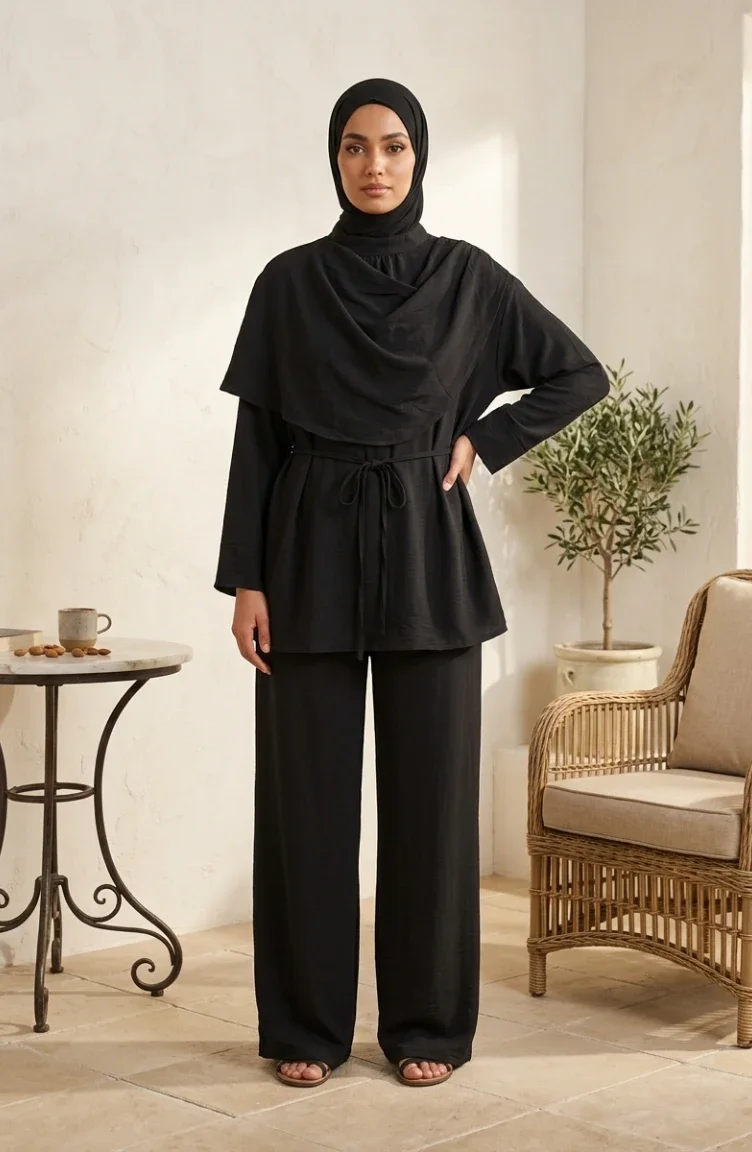 Omuzu Şal Detaylı Tunik Pantolon Tesettür İkili Takım 2306-01 Siyah