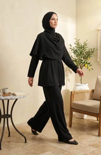 Omuzu Şal Detaylı Tunik Pantolon Tesettür İkili Takım 2306-01 Siyah