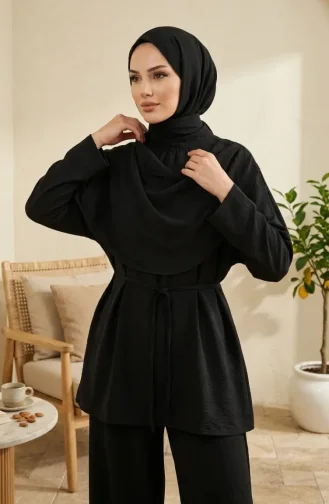 Omuzu Şal Detaylı Tunik Pantolon Tesettür İkili Takım 2306-01 Siyah
