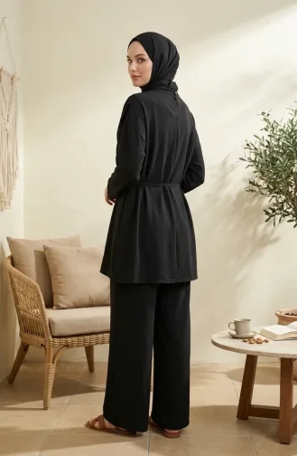 Omuzu Şal Detaylı Tunik Pantolon Tesettür İkili Takım 2306-01 Siyah