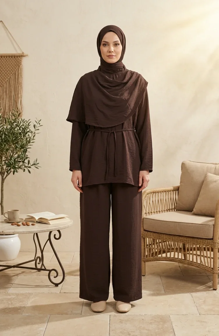 Tweedelige Hijabset Met Sjaaldetails Op De Schouders Tuniek En Broek 2306-02 Bruin 2306-02