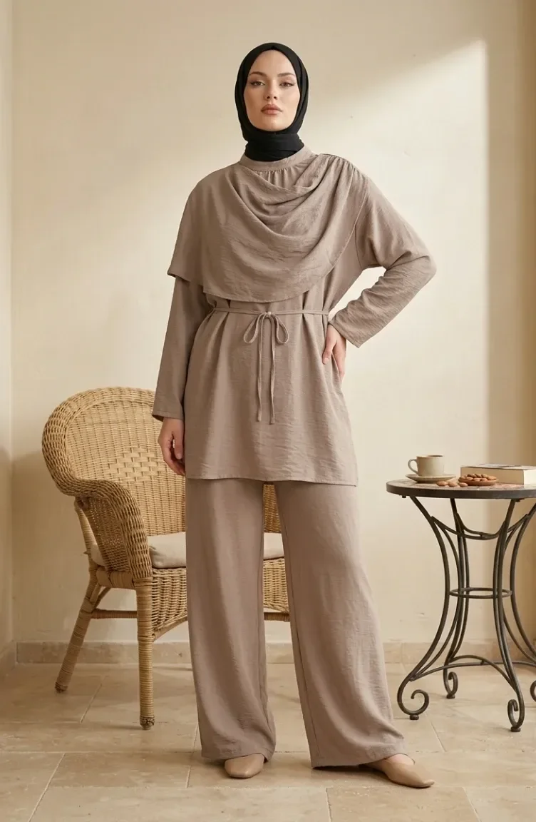 Omuzu Şal Detaylı Tunik Pantolon Tesettür İkili Takım 2306-03 Vizon