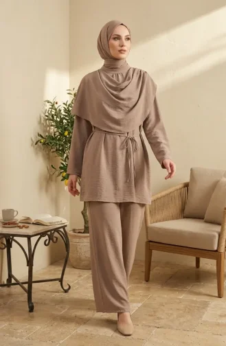 Omuzu Şal Detaylı Tunik Pantolon Tesettür İkili Takım 2306-03 Vizon