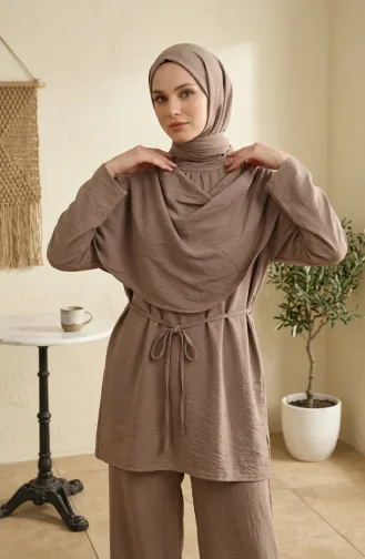 Omuzu Şal Detaylı Tunik Pantolon Tesettür İkili Takım 2306-03 Vizon