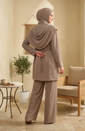 Omuzu Şal Detaylı Tunik Pantolon Tesettür İkili Takım 2306-03 Vizon
