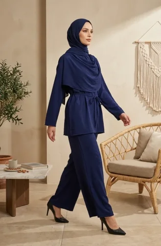 Zweiteiliges Hijab-Set Mit Schultertuch-Detail Tunika Und Hose 2306-04 Marineblau 2306-04