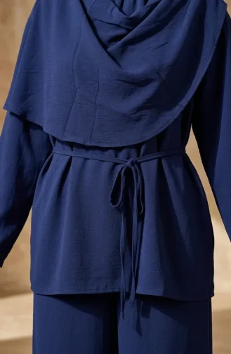 Zweiteiliges Hijab-Set Mit Schultertuch-Detail Tunika Und Hose 2306-04 Marineblau 2306-04
