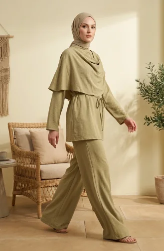 Omuzu Şal Detaylı Tunik Pantolon Tesettür İkili Takım 2306-05 Yağ Yeşili
