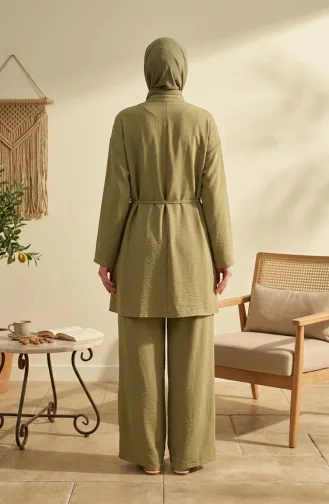 Omuzu Şal Detaylı Tunik Pantolon Tesettür İkili Takım 2306-05 Yağ Yeşili