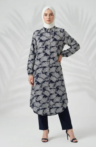Ensemble Hijab Deux Pièces En Viscose (tunique Et Pantalon) 0367-03 Bleu Marine Foncé 0367-03