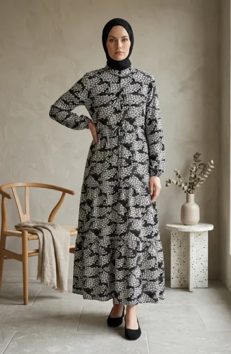 Half-Button Patterned Viscose Hijab Dress 0369-01 Dark Navy 0369-01