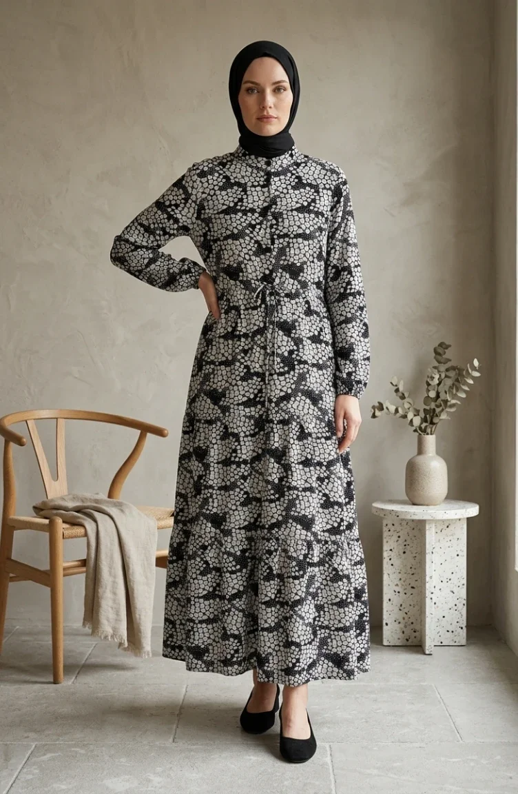 Half-Button Patterned Viscose Hijab Dress 0369-01 Dark Navy 0369-01