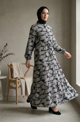 Half-Button Patterned Viscose Hijab Dress 0369-01 Dark Navy 0369-01