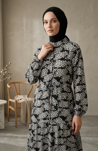 Half-Button Patterned Viscose Hijab Dress 0369-01 Dark Navy 0369-01