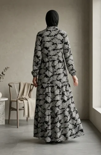 Half-Button Patterned Viscose Hijab Dress 0369-01 Dark Navy 0369-01