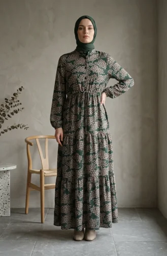Half-Button Patterned Viscose Hijab Dress 0369-02 Green Mink 0369-02