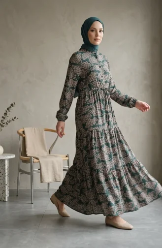 Half-Button Patterned Viscose Hijab Dress 0369-02 Green Mink 0369-02