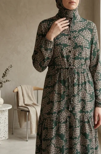 Half-Button Patterned Viscose Hijab Dress 0369-02 Green Mink 0369-02