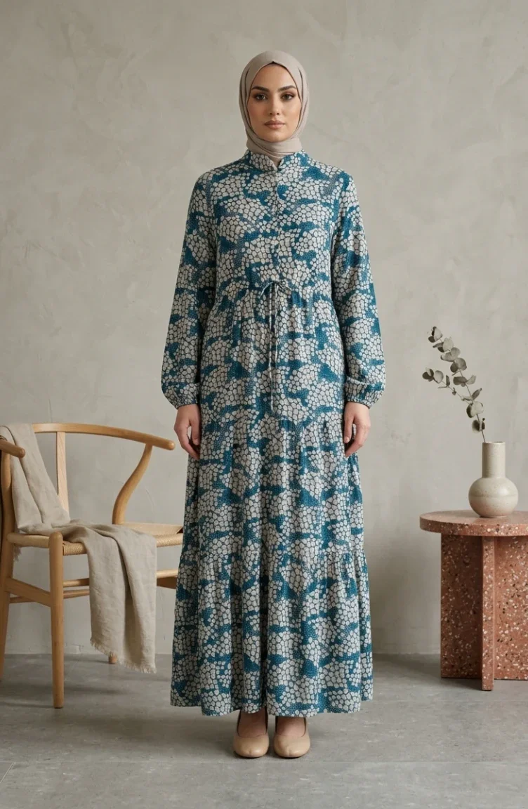 Half-Button Patterned Viscose Hijab Dress 0369-03 Petrol Blue 0369-03