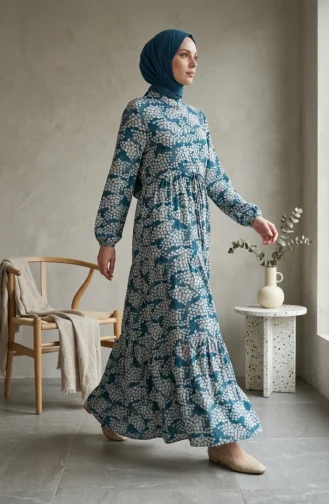 Half-Button Patterned Viscose Hijab Dress 0369-03 Petrol Blue 0369-03