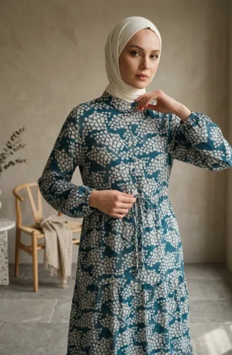 Half-Button Patterned Viscose Hijab Dress 0369-03 Petrol Blue 0369-03