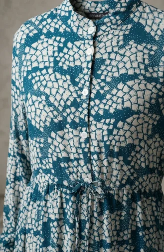 Half-Button Patterned Viscose Hijab Dress 0369-03 Petrol Blue 0369-03