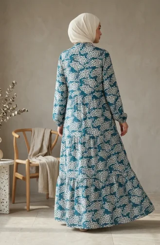 Half-Button Patterned Viscose Hijab Dress 0369-03 Petrol Blue 0369-03
