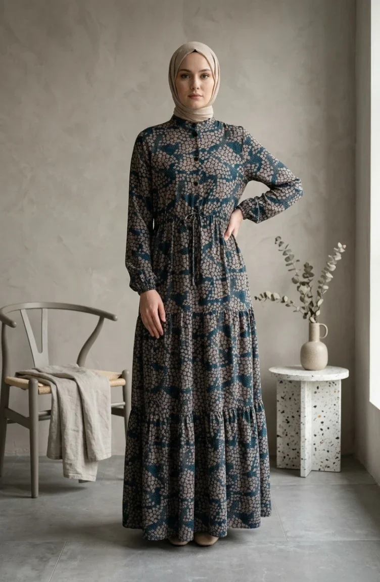 Half-Button Patterned Viscose Hijab Dress 0369-04 Indigo Mink 0369-04