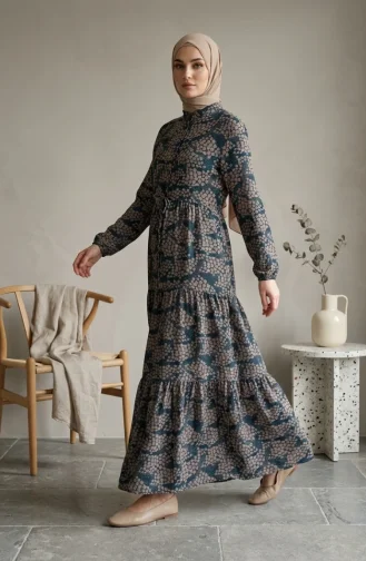 Half-Button Patterned Viscose Hijab Dress 0369-04 Indigo Mink 0369-04