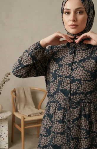 Half-Button Patterned Viscose Hijab Dress 0369-04 Indigo Mink 0369-04