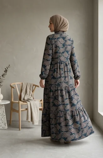 Half-Button Patterned Viscose Hijab Dress 0369-04 Indigo Mink 0369-04