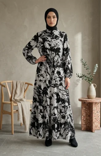 Geprinte Viscose Jurk Met Mandarijnkraag En Hijab 0370-01 Zwart 0370-01