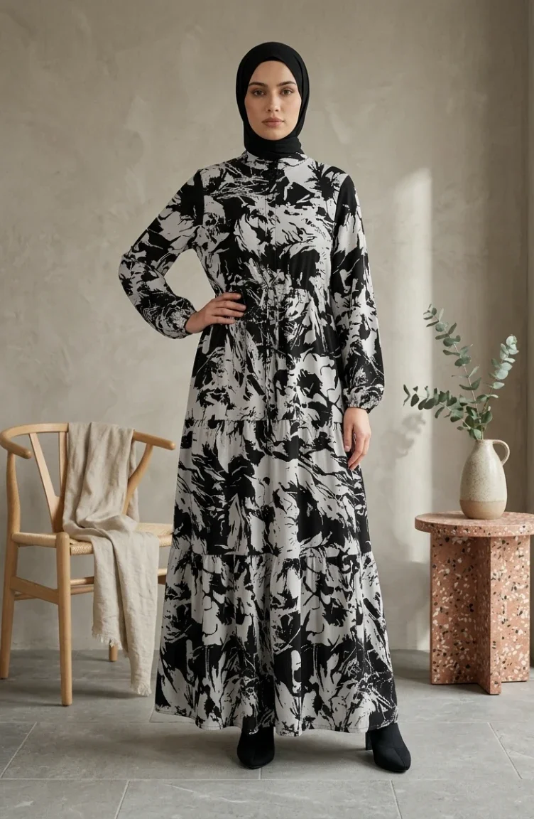 Geprinte Viscose Jurk Met Mandarijnkraag En Hijab 0370-01 Zwart 0370-01