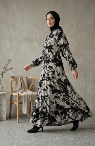 Geprinte Viscose Jurk Met Mandarijnkraag En Hijab 0370-01 Zwart 0370-01