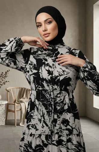 Geprinte Viscose Jurk Met Mandarijnkraag En Hijab 0370-01 Zwart 0370-01