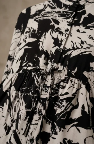 Geprinte Viscose Jurk Met Mandarijnkraag En Hijab 0370-01 Zwart 0370-01