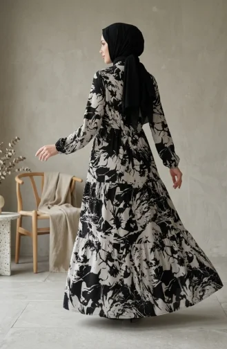 Geprinte Viscose Jurk Met Mandarijnkraag En Hijab 0370-01 Zwart 0370-01
