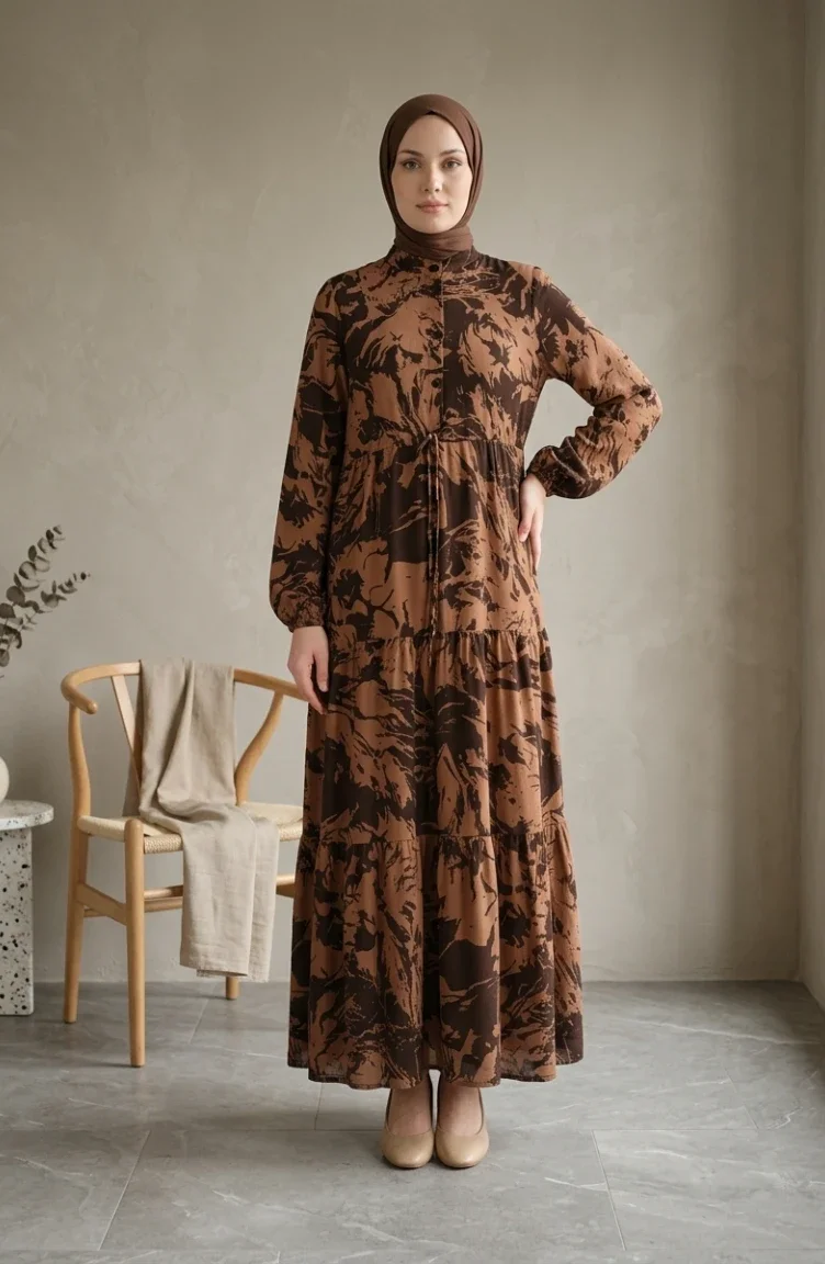 Patterned Viscose Mandarin Collar Hijab Dress 0370-02 Brown 0370-02