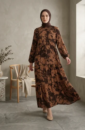 Patterned Viscose Mandarin Collar Hijab Dress 0370-02 Brown 0370-02