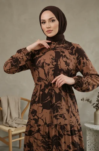 Patterned Viscose Mandarin Collar Hijab Dress 0370-02 Brown 0370-02