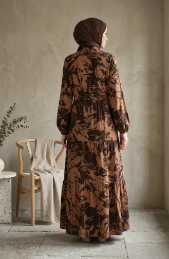 Patterned Viscose Mandarin Collar Hijab Dress 0370-02 Brown 0370-02