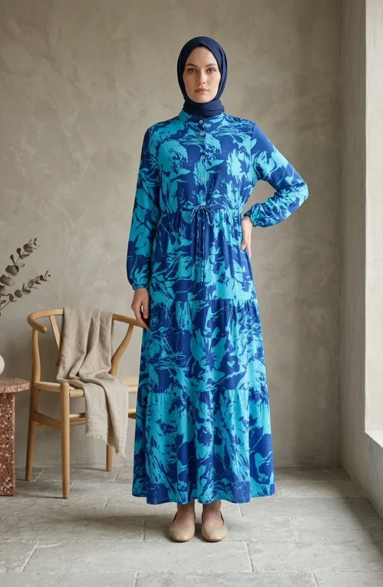 Geprinte Hijabjurk Van Viscose Met Mandarijnkraag 0370-03 Marineblauw 0370-03