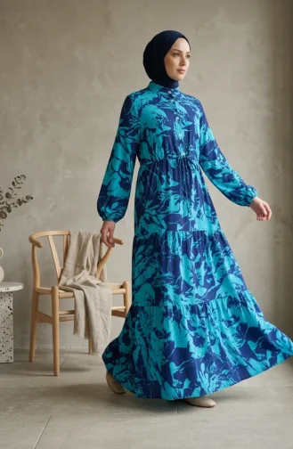 Geprinte Hijabjurk Van Viscose Met Mandarijnkraag 0370-03 Marineblauw 0370-03