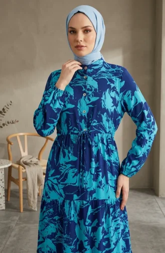 Geprinte Hijabjurk Van Viscose Met Mandarijnkraag 0370-03 Marineblauw 0370-03