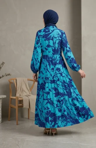 Geprinte Hijabjurk Van Viscose Met Mandarijnkraag 0370-03 Marineblauw 0370-03