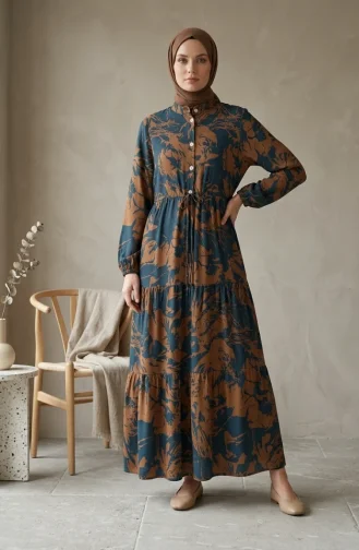 Geprinte Viscose Jurk Met Mandarijnkraag En Hijab 0370-04 Indigo Mink 0370-04