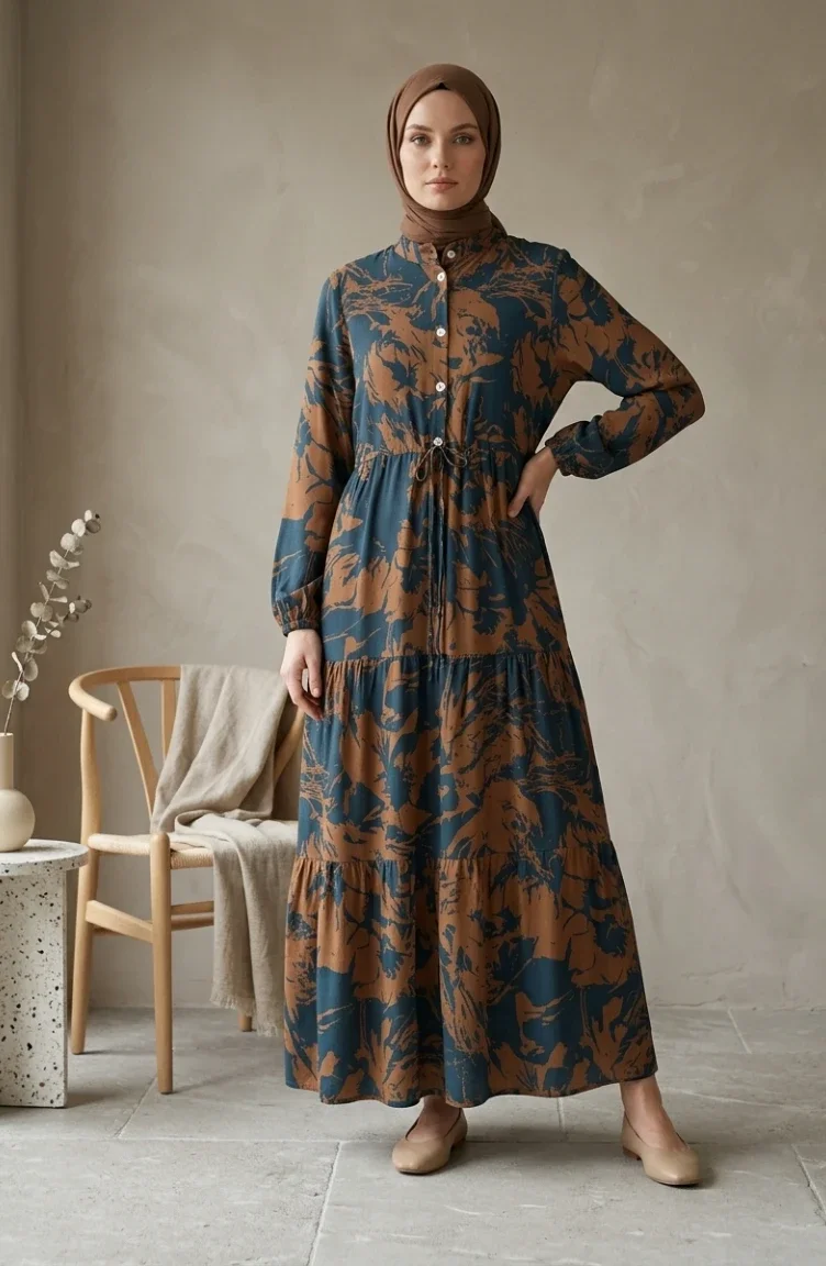 Geprinte Viscose Jurk Met Mandarijnkraag En Hijab 0370-04 Indigo Mink 0370-04