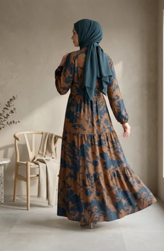 Geprinte Viscose Jurk Met Mandarijnkraag En Hijab 0370-04 Indigo Mink 0370-04