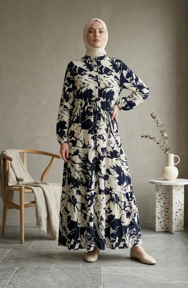 Geprinte Hijabjurk Van Viscose Met Mandarijnkraag 0370-05 Marineblauw 0370-05