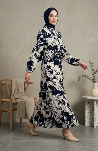 Geprinte Hijabjurk Van Viscose Met Mandarijnkraag 0370-05 Marineblauw 0370-05